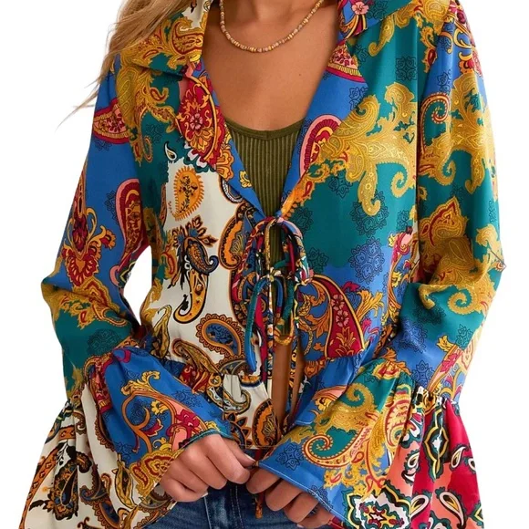 WILLOW & ROOT Mixed Paisley Print Chiffon Blouse, Sz S - Picture 4 of 13